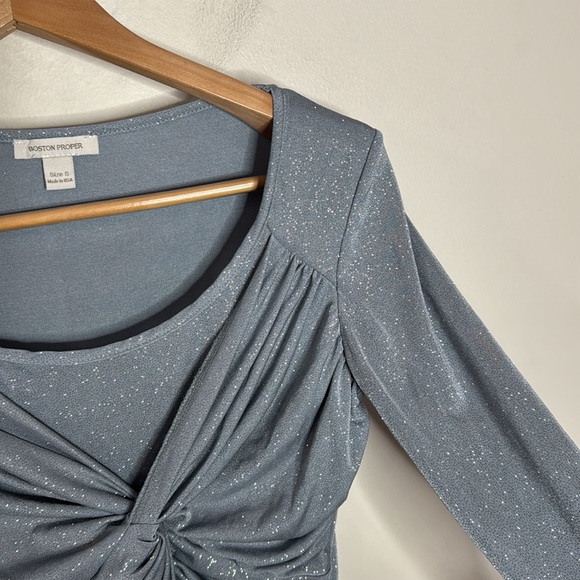 Boston Proper Gray Silver Shimmer Twist Knot Front long sleeve top size S - Picture 6 of 10